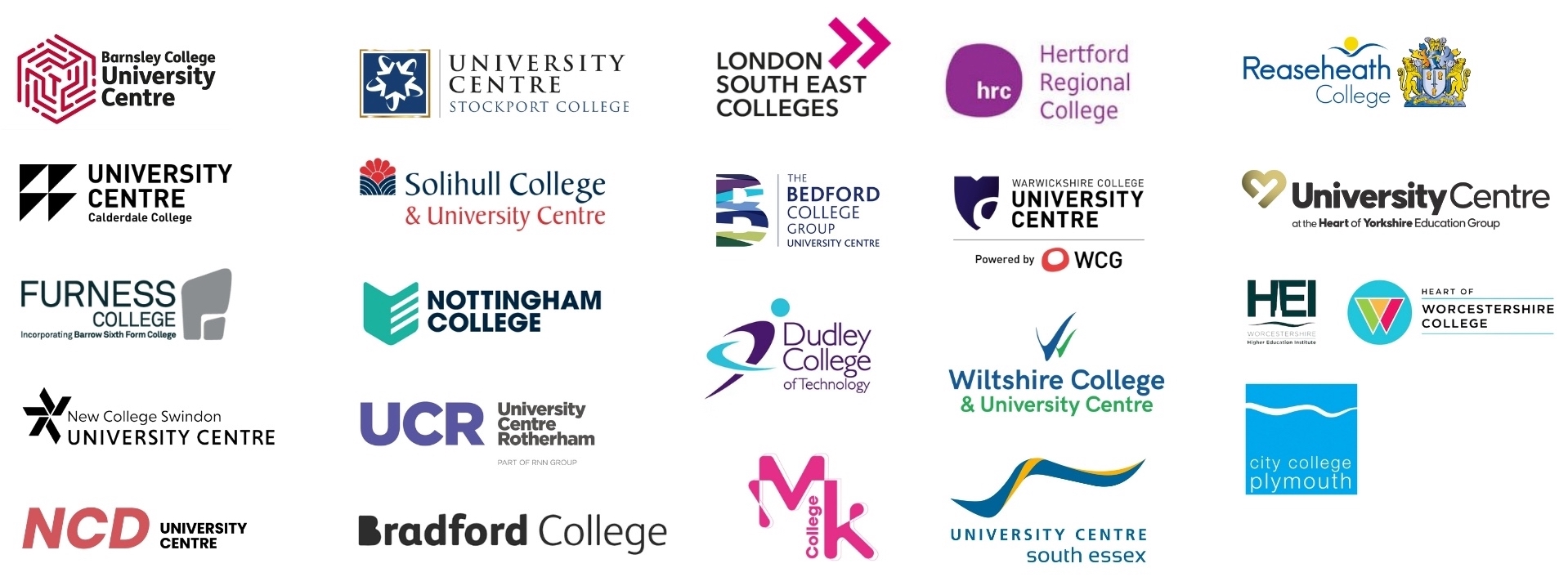 Image displaying all the college logos that are involved in the HE Project. 