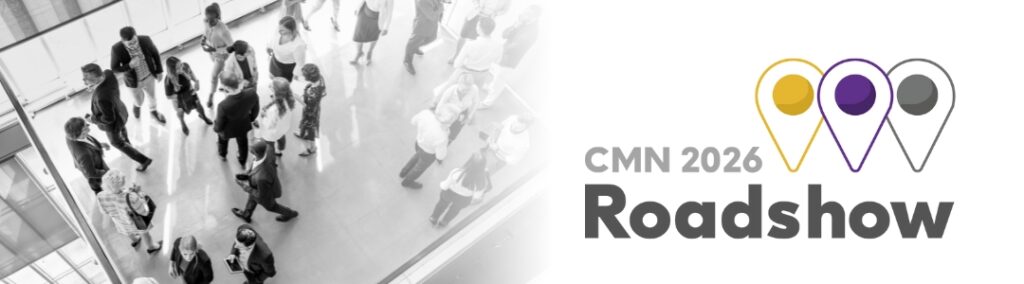 Banner image, mono colour, showing a group of people from above with the CMN 2026 Roadshow logo to the right